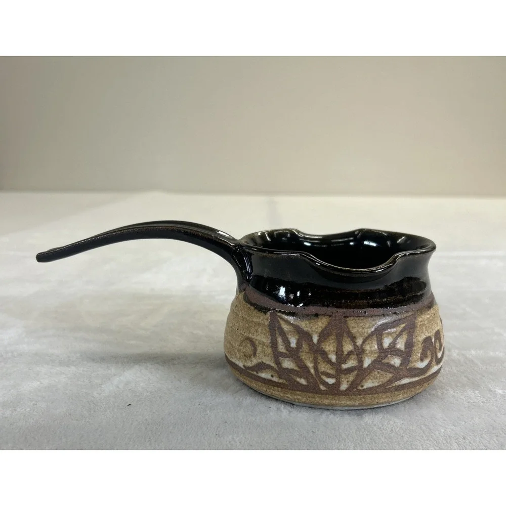 Art Studio Pottery Ladle Earthenware With Handle Signed Double Spout Brown Glaze - Picture 3 of 10